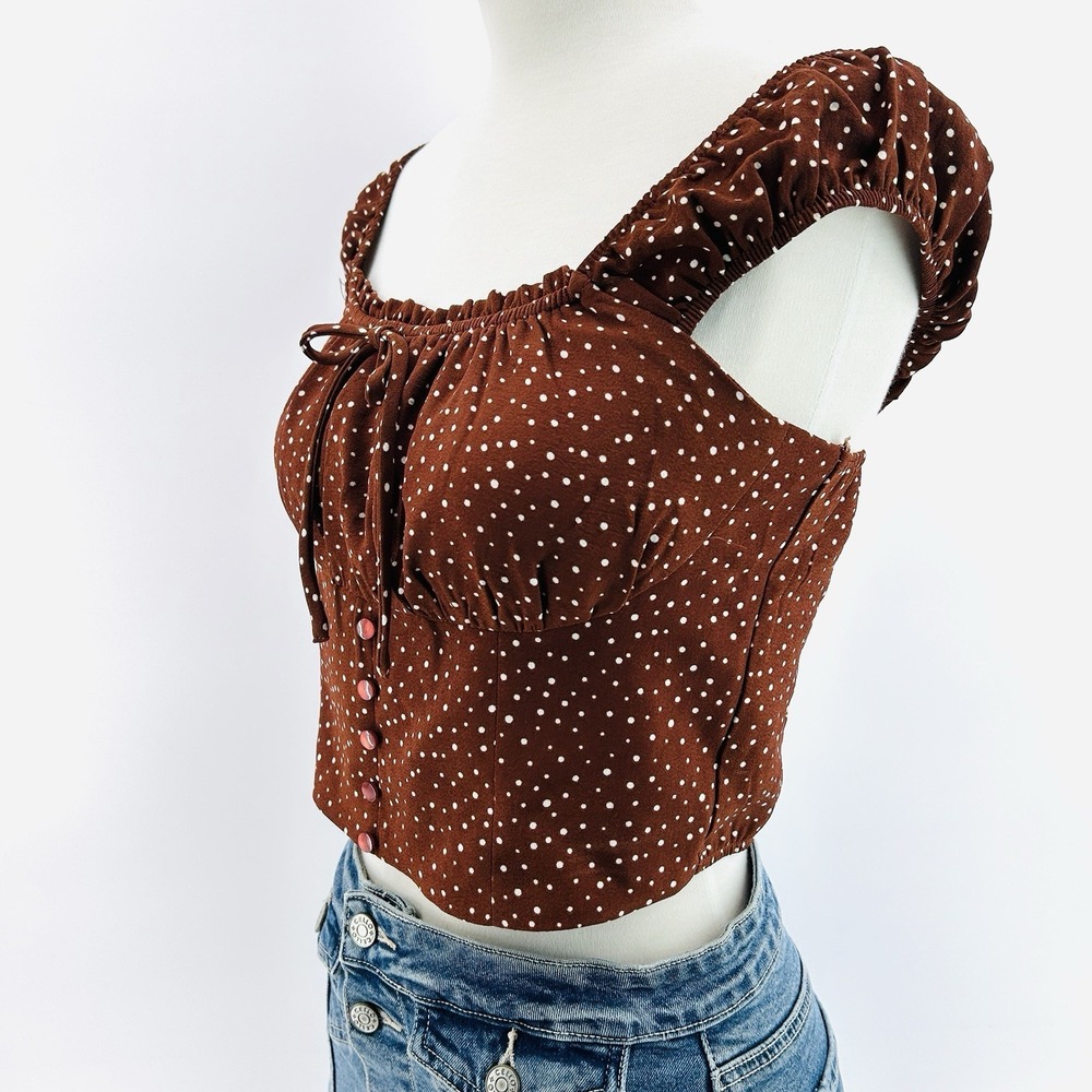 Coquette Milkmaid Crop Top M Brown Polka Dot‎ Corset Cottagecore Puff Sleeve - Picture 3 of 13